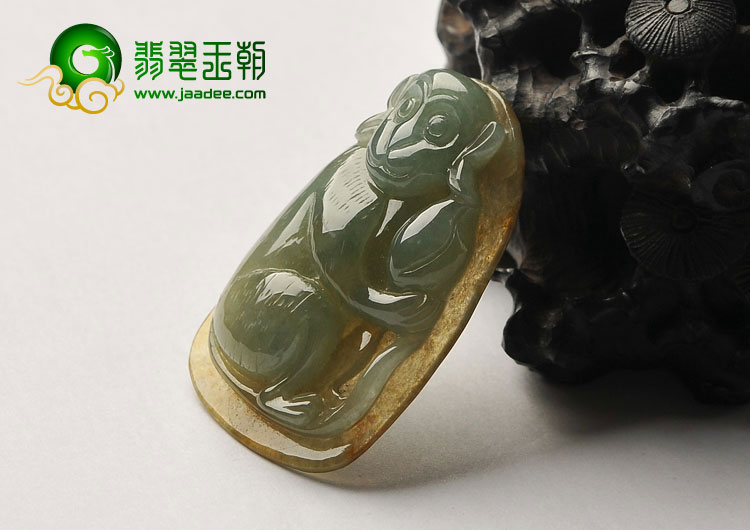 糯冰种晴水褐黄翡缅甸翡翠A货灵猴献寿挂件