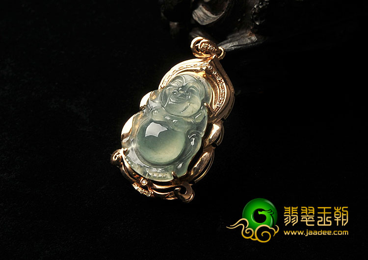 冰种晴水缅甸翡翠A货镶玫瑰金站佛胸坠（真钻）