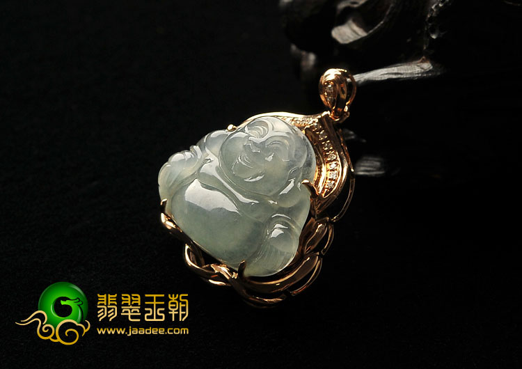 冰种晴水缅甸翡翠A货镶玫瑰金玉佛胸坠（真钻）