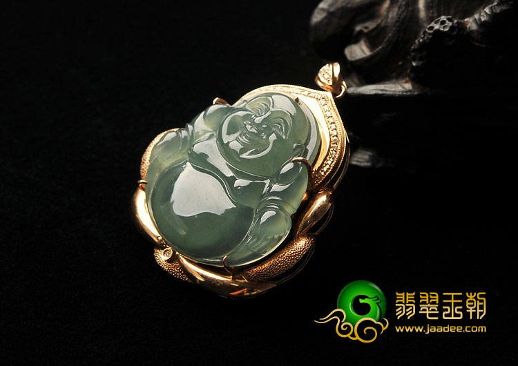 冰种晴水缅甸翡翠A货镶玫瑰金玉佛胸坠（真钻）