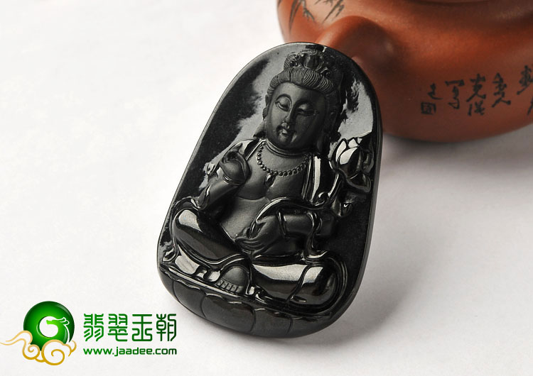 细糯种墨翠缅甸翡翠A货观音挂件