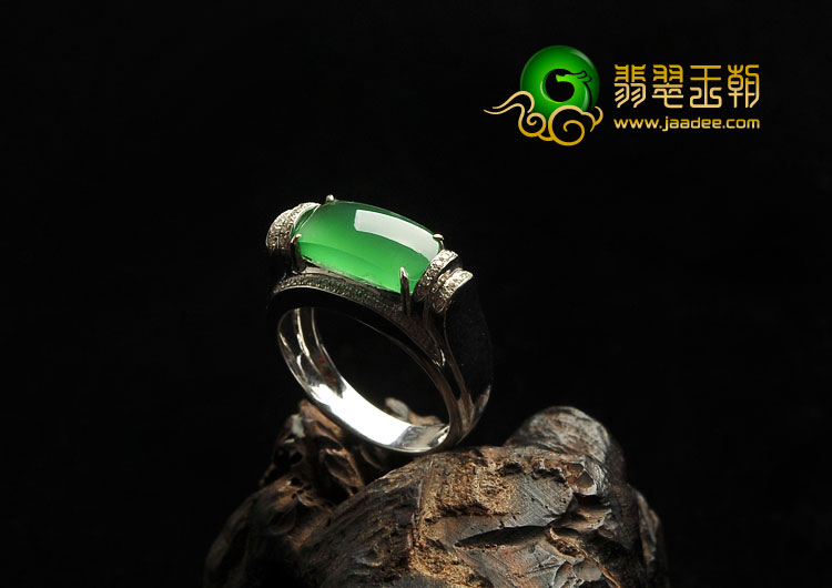 冰玻种黄秧绿缅甸翡翠A货镶白金满绿戒指（真钻）