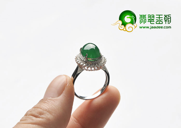 冰种正阳绿缅甸翡翠A货镶白金满绿戒指（真钻）