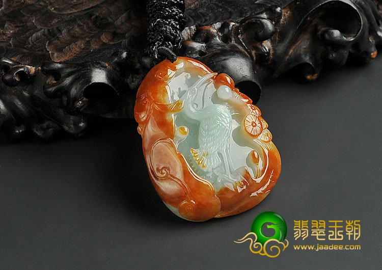 糯冰种红黄翡晴水缅甸翡翠A货松鹤延年挂件