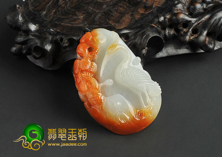 糯冰种红黄翡缅甸翡翠A货松鹤延年挂件