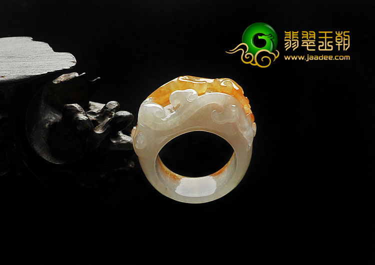 糯冰种褐黄翡缅甸翡翠A货仿古龙凤指环