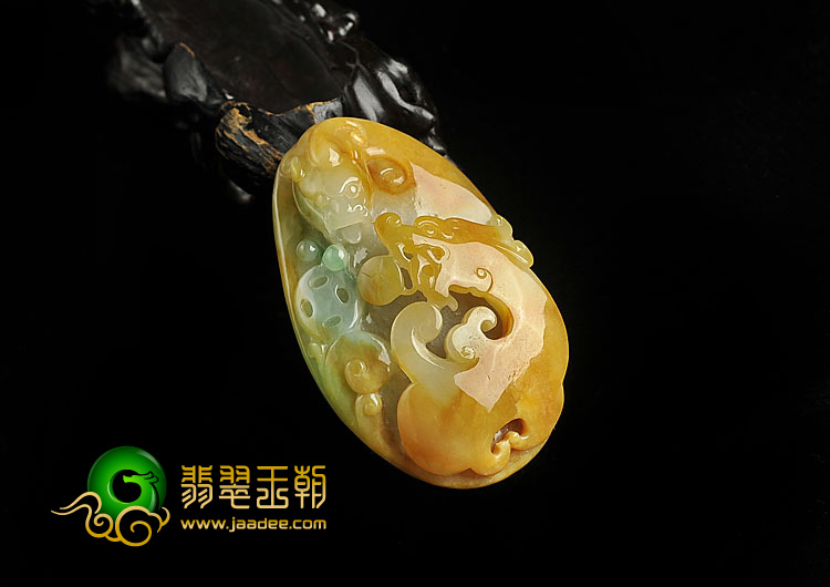 糯冰种黄加绿缅甸翡翠A货双龙如意挂件