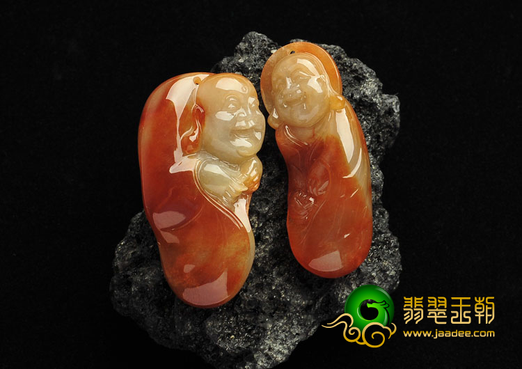 糯冰种红黄翡缅甸翡翠A货逍遥佛挂件（一对）