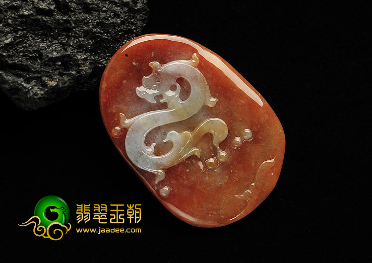 糯冰种红黄翡缅甸翡翠A货龙凤牌挂件