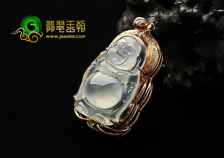 冰种无色缅甸翡翠A货镶玫瑰金站佛胸坠（真钻）