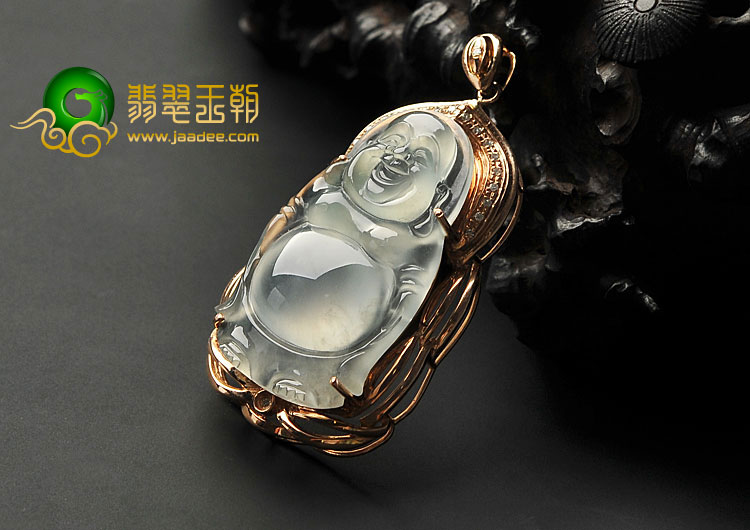 冰种无色缅甸翡翠A货镶玫瑰金站佛胸坠（真钻）