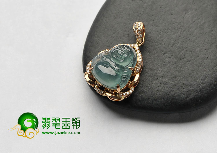 冰种晴水缅甸翡翠A货镶玫瑰金玉佛胸坠（真钻）