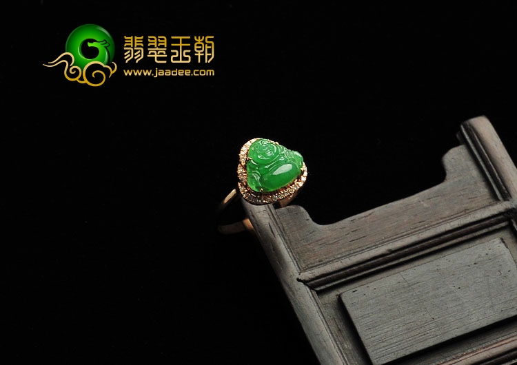 冰种翠色缅甸翡翠A货镶玫瑰金玉佛戒指（真钻）