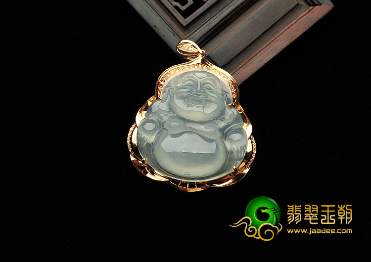 冰种晴水缅甸翡翠A货镶玫瑰金玉佛胸坠（真钻）