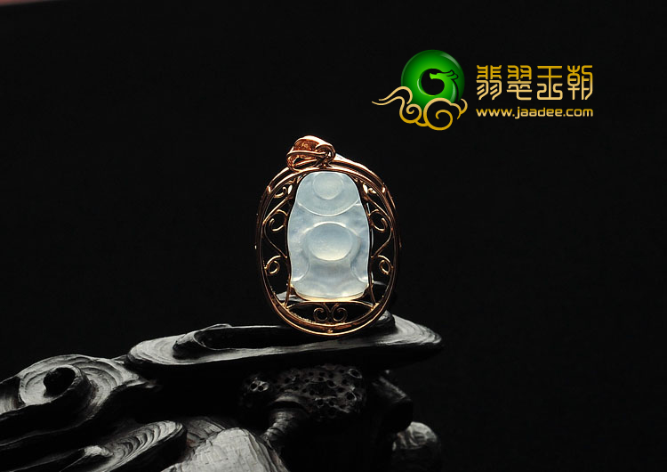 冰种淡晴水缅甸翡翠A货镶玫瑰金站佛胸坠（真钻）