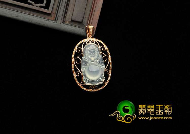 冰种无色缅甸翡翠A货镶玫瑰金站佛胸坠（真钻）