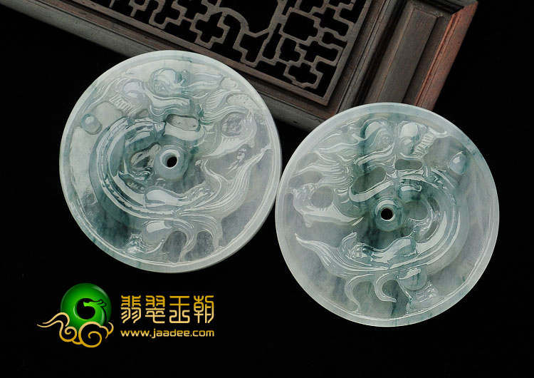 (超值推荐)冰种飘花缅甸翡翠A货龙牌挂件（一对）