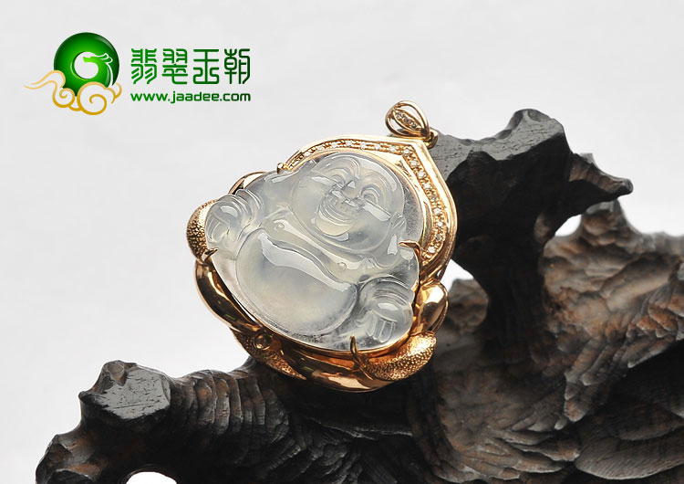 冰种无色缅甸翡翠A货镶玫瑰金玉佛胸坠（真钻）