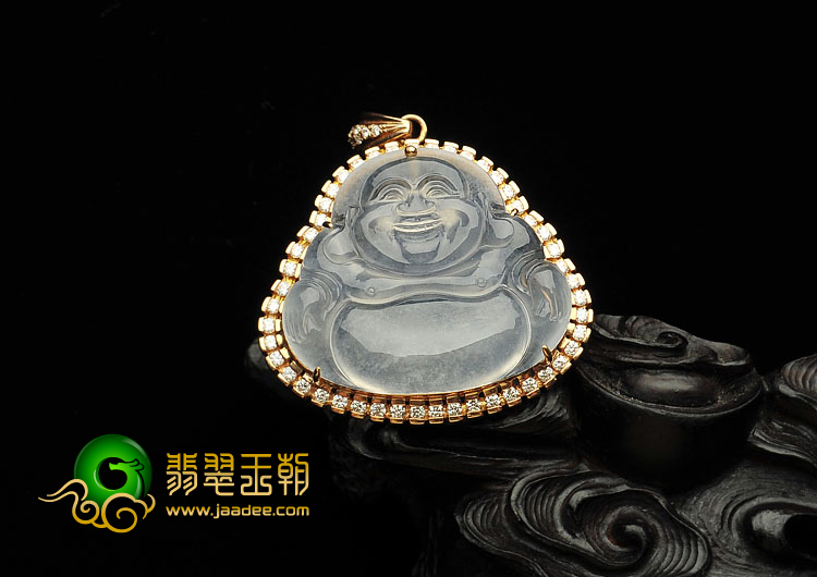 冰玻种无色缅甸翡翠A货镶玫瑰金玉佛胸坠（真钻）
