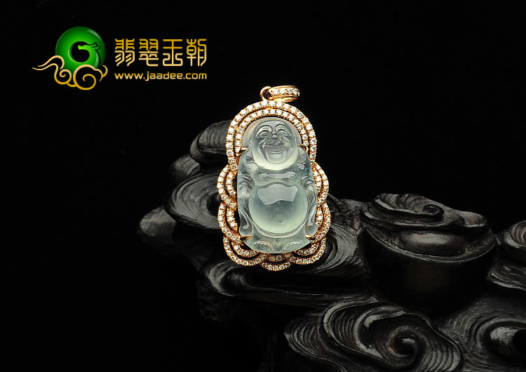 冰种略飘花缅甸翡翠A货镶玫瑰金站佛胸坠（真钻）