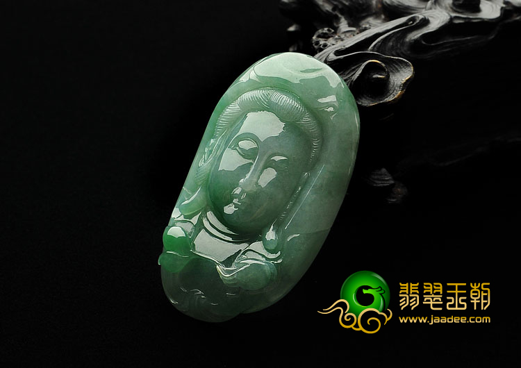 糯冰种飘翠缅甸翡翠A货观音头挂件