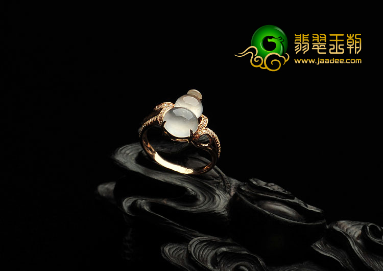 冰玻种无色缅甸翡翠A货镶玫瑰金葫芦戒指（真钻）