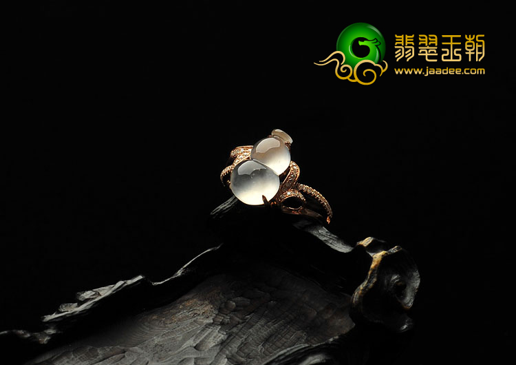 冰玻种无色缅甸翡翠A货镶玫瑰金葫芦戒指（真钻）