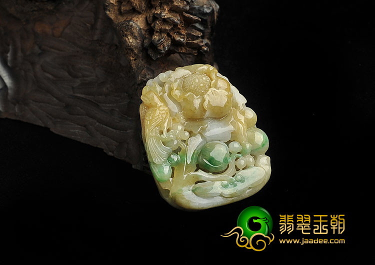 糯冰种黄加绿缅甸翡翠A货鸟语花香挂件