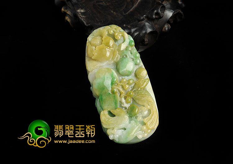 糯冰种黄加绿缅甸翡翠A货鸟语花香挂件