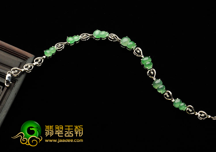 冰种晴水飘翠缅甸翡翠A货镶白金葫芦手链（真钻）