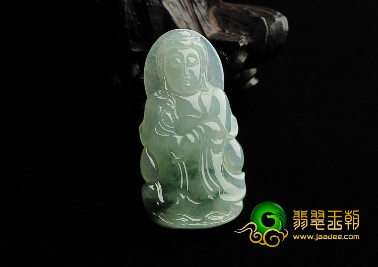 冰种飘花缅甸翡翠A货站观音挂件