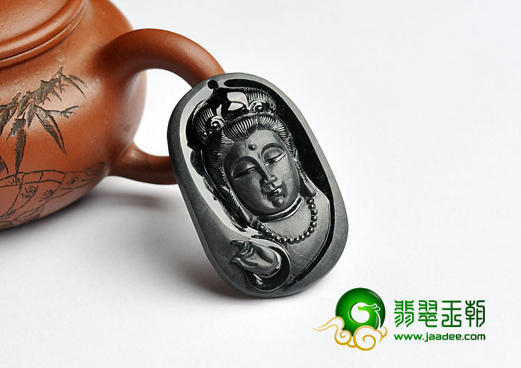 糯冰种墨翠缅甸翡翠A货观音头挂件