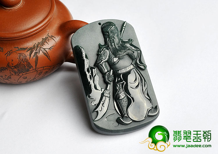 冰种墨翠缅甸翡翠A货关公挂件
