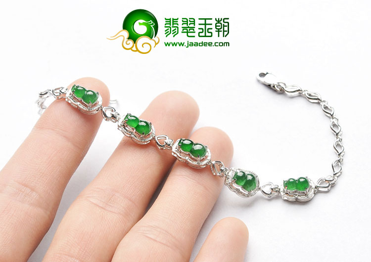 冰种菠菜绿缅甸翡翠A货镶白金葫芦手链（真钻）