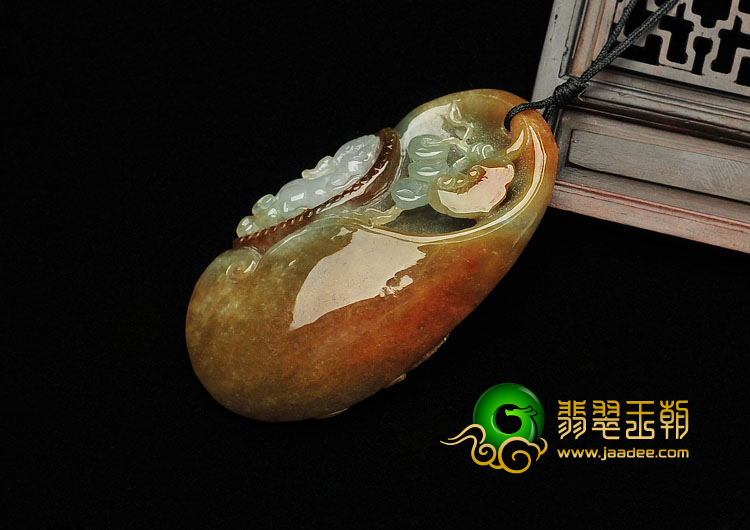 糯冰种褐红黄翡缅甸翡翠A货福寿如意挂件