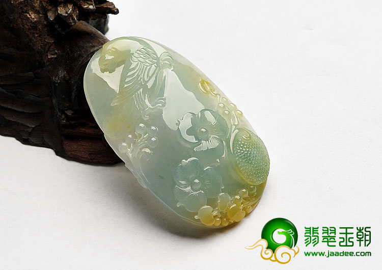 冰种晴水略带黄翡缅甸翡翠A货花开富贵挂件
