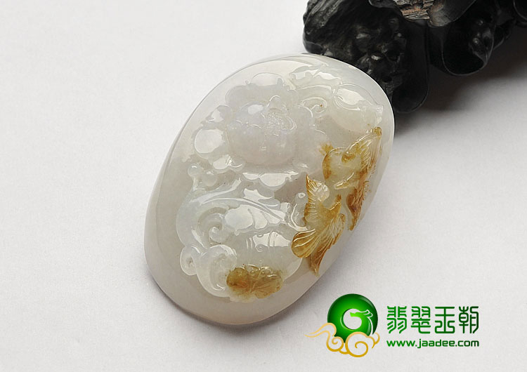 糯冰种褐黄翡缅甸翡翠A货花开富贵挂件