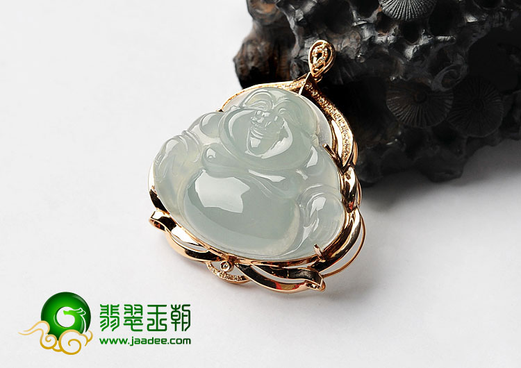 冰种晴水缅甸翡翠A货镶玫瑰金玉佛胸坠（真钻）