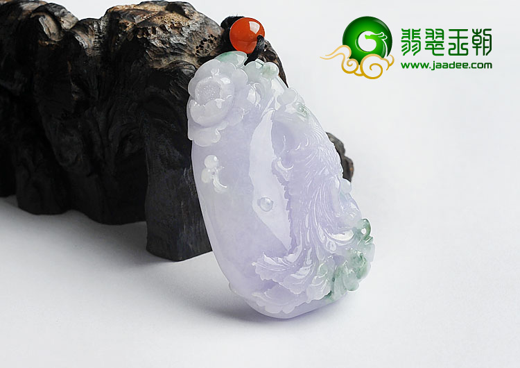 糯冰种春带彩缅甸翡翠A货凤戏牡丹挂件