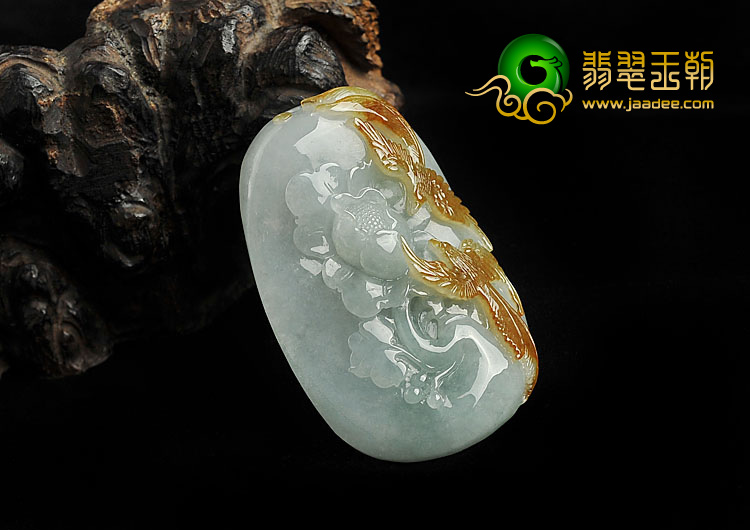 糯冰种晴水黄翡缅甸翡翠A货凤戏牡丹挂件
