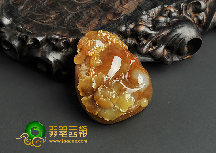 糯冰种褐黄翡缅甸翡翠A货鸟语花香挂件