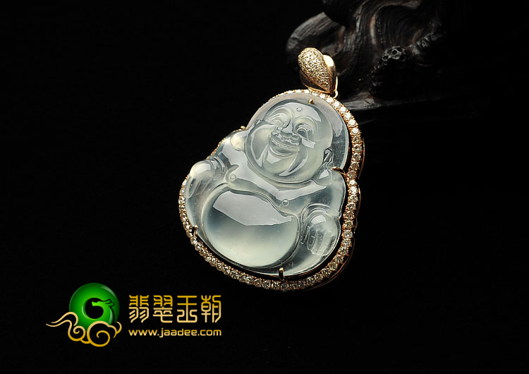 冰玻种无色缅甸翡翠A货镶玫瑰金玉佛胸坠（真钻）