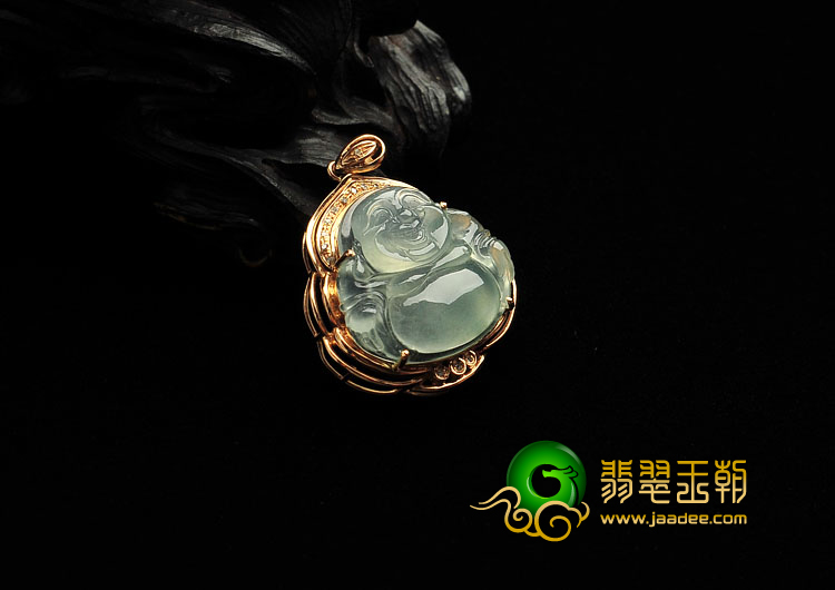 冰种晴水缅甸翡翠A货镶玫瑰金玉佛胸坠（真钻）