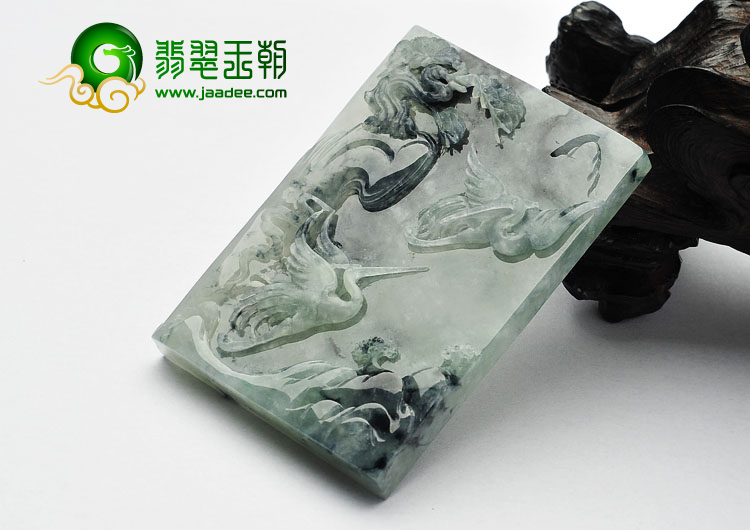 糯冰种飘花缅甸翡翠A货松鹤延年挂件