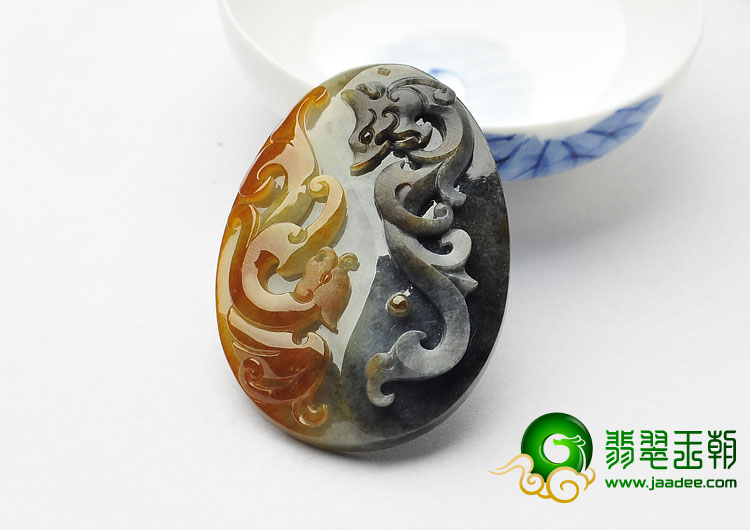 糯冰种墨色褐黄翡缅甸翡翠A货仿古龙凤挂件