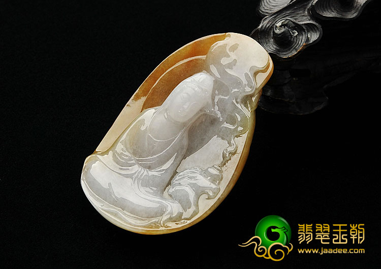 糯冰种褐黄翡缅甸翡翠A货观音挂件
