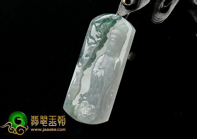 冰种飘花缅甸翡翠A货站观音挂件