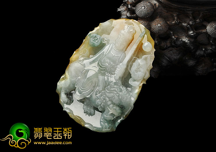 糯冰种三彩缅甸翡翠A货文殊菩萨挂件