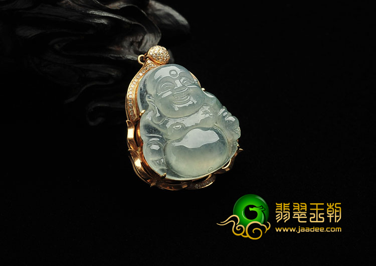 冰种晴水缅甸翡翠A货镶玫瑰金玉佛胸坠（真钻）