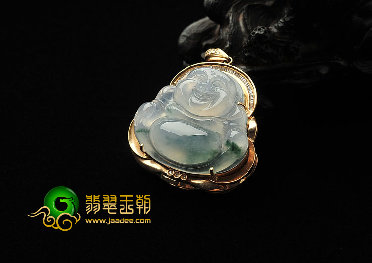 冰种飘花缅甸翡翠A货镶玫瑰金玉佛胸坠（真钻）